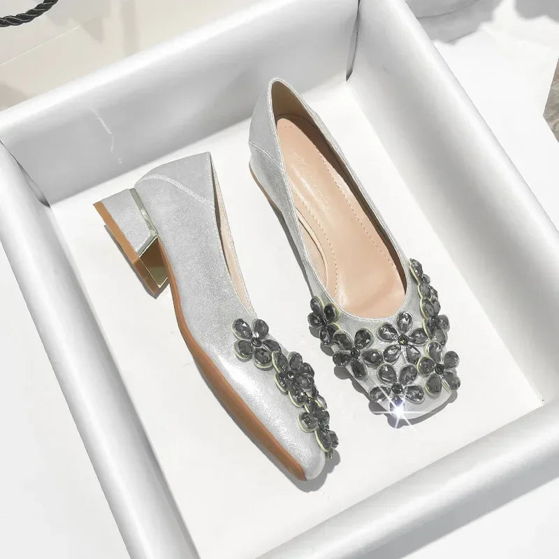 LIZAKOSHT  -  Crystal Flower Designer Women Shoes Chunky Elegant Dress Shoes Shallow Comfort Fashion Diamond Pumps Women Zapatos De Mujer