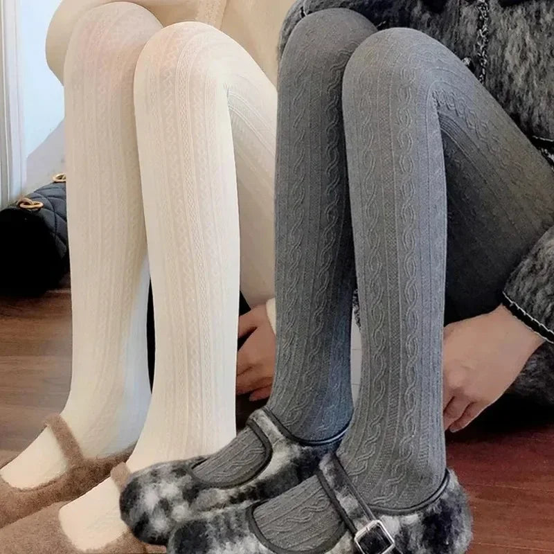 LIZAKOSHT  -  Japanese Winter Vertical Bar Warm Pantyhose Oat Color Skinny Full Foot Thickened Base Socks Candy Color Foundation Plush Tights