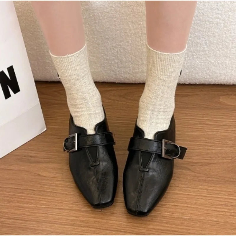 LIZAKOSHT  -  Women Square Toe Mary Jane Shoes Vintage Wrinkle Leather Buckle Strap Loafers Retro Office Dress Footwear Model on Feet