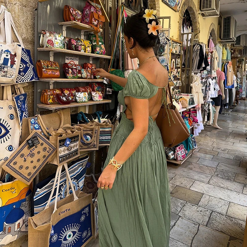 LIZAKOSHT  -  Summer Square Neck Short Sleeved Women's Party Dress Casual Beach Long Dresses Sexy Backless Lace Up Pleated Holiday Dress
