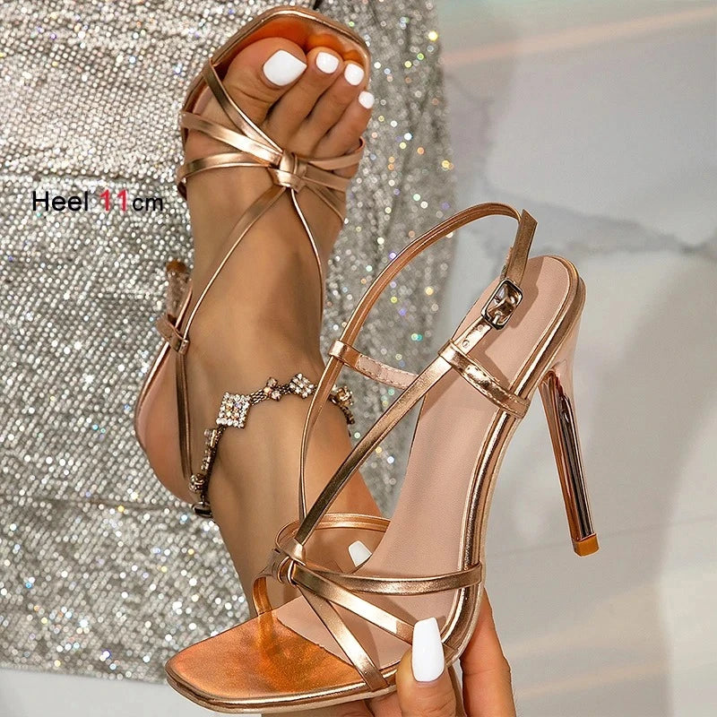 LIZAKOSHT  -  New Sexy Women Sandals Fashion Gold Peep Toe One Word Strap Stiletto Versatile Ladies Dress Sandals Temperament High Heels Shoes