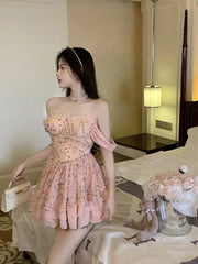 LIZAKOSHT  -  Sexy Dresses Women Floral Printed Patchwork Chain Ruffles Layered Square Collar Elegant Mini Dress Slim Fashion Female