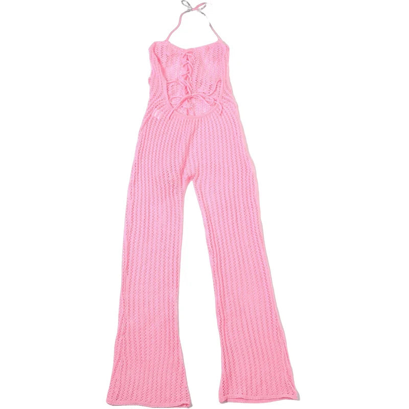 LIZAKOSHT  -  Knitted Halter High Elasticity See Through Halter Backless Solid Color Floral Appliques Club Street Low Cut Jumpsuit for Women