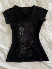 LIZAKOSHT  -  Y2k Aesthetic Flower Printing Women Grunge T-shirts Vintage Slim Harajuku Causal Black Tshirts 2024 Summer Bottoming Crop Tops