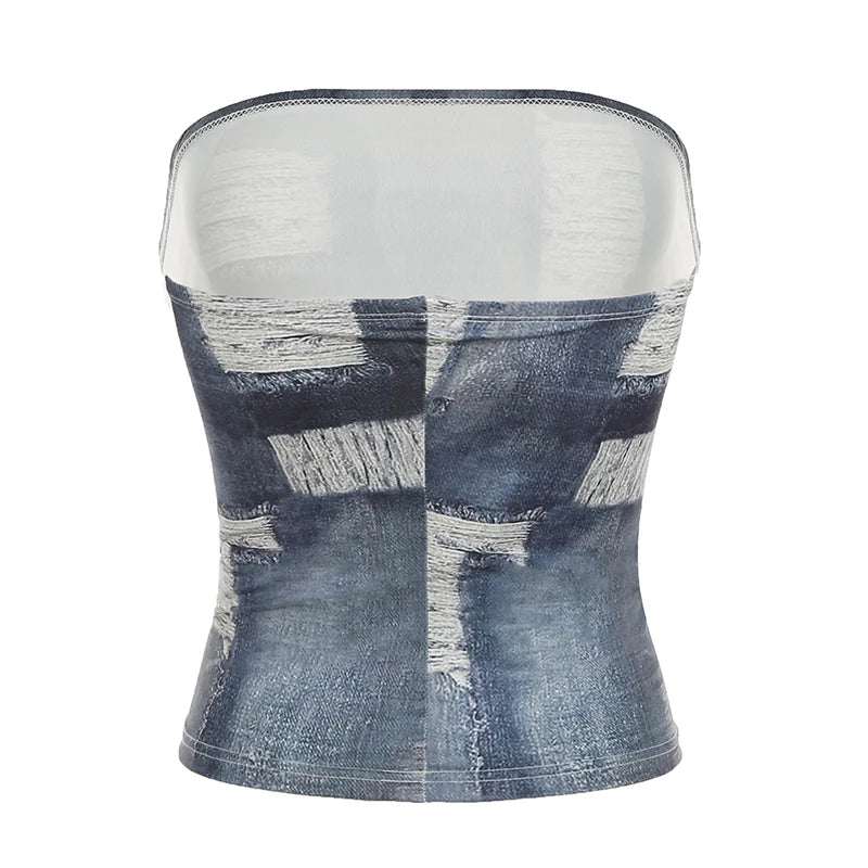 LIZAKOSHT  -  Fashion Imitation Denim Print Women Tube Top Y2K High Street Chic Fitted Sleeveless Crop Top Summer Sexy Tank Tops