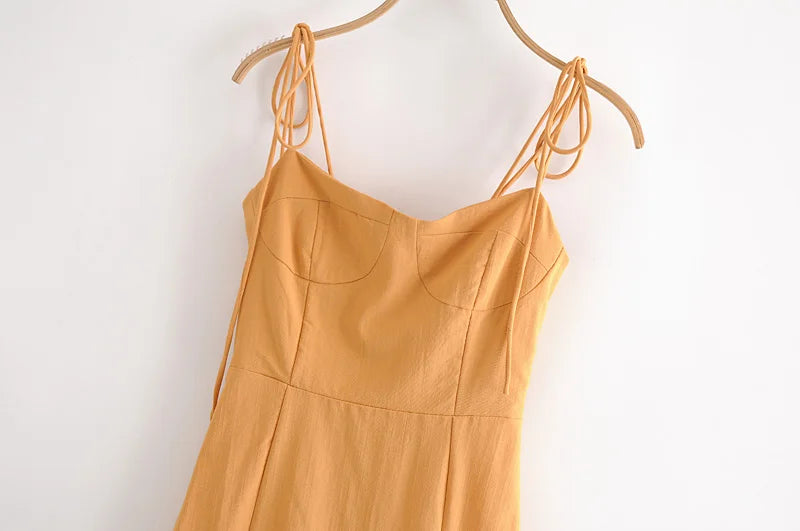 LIZAKOSHT  -  Sexy Solid Yellow Corset Style Bow Lacing up Strap Sling Dress Retro French Style Women Hem Slit Midi Long Dresses Holiday Robe