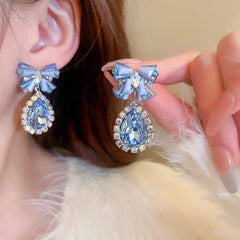 Lizakosht Minar Luxury Shiny Blue Color Crystal Rhinestones Bowknot Water Drop Earring for Women Hanging Dangle Earrings Bridal Jewelry
