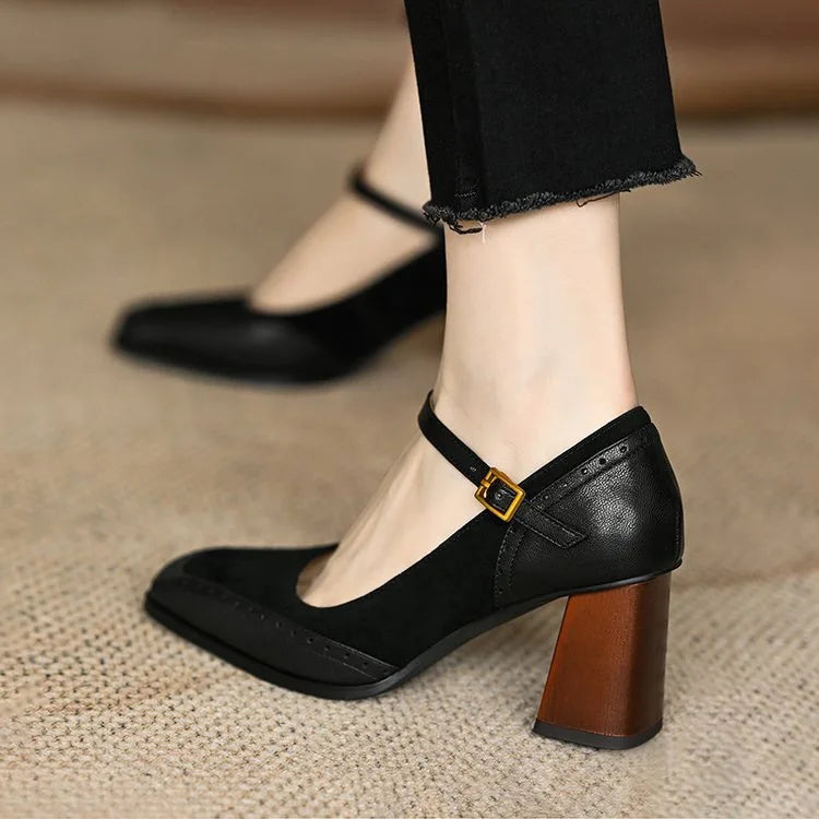 LIZAKOSHT  -  New Fashion French Style Women's  Shoes Square Toe Chunky Heel Thick Sole Buckle Slip-On Pumps Vintage Sandals for Ladies