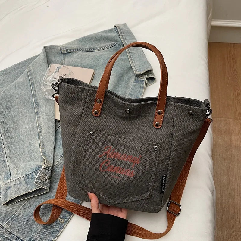 Fashion Canvas Shoulder Bag Women Winter Large Capacity Crossbody Bag for Work Commute Comfortable Versatile Texture Bucket Bag