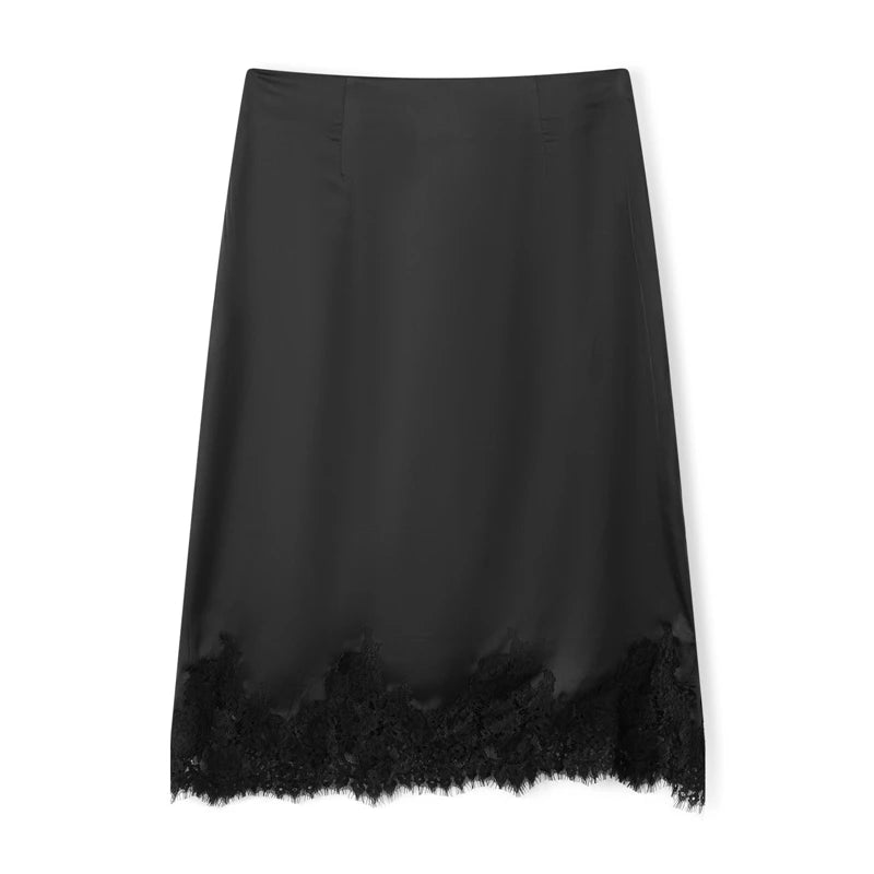 LIZAKOSHT  -  Women Satin Lace Trim Maxi Skirt Silk Lace Patchwork Silk High Waist Midi Skirt Lady Flowy Work Half Slip Long Skirt