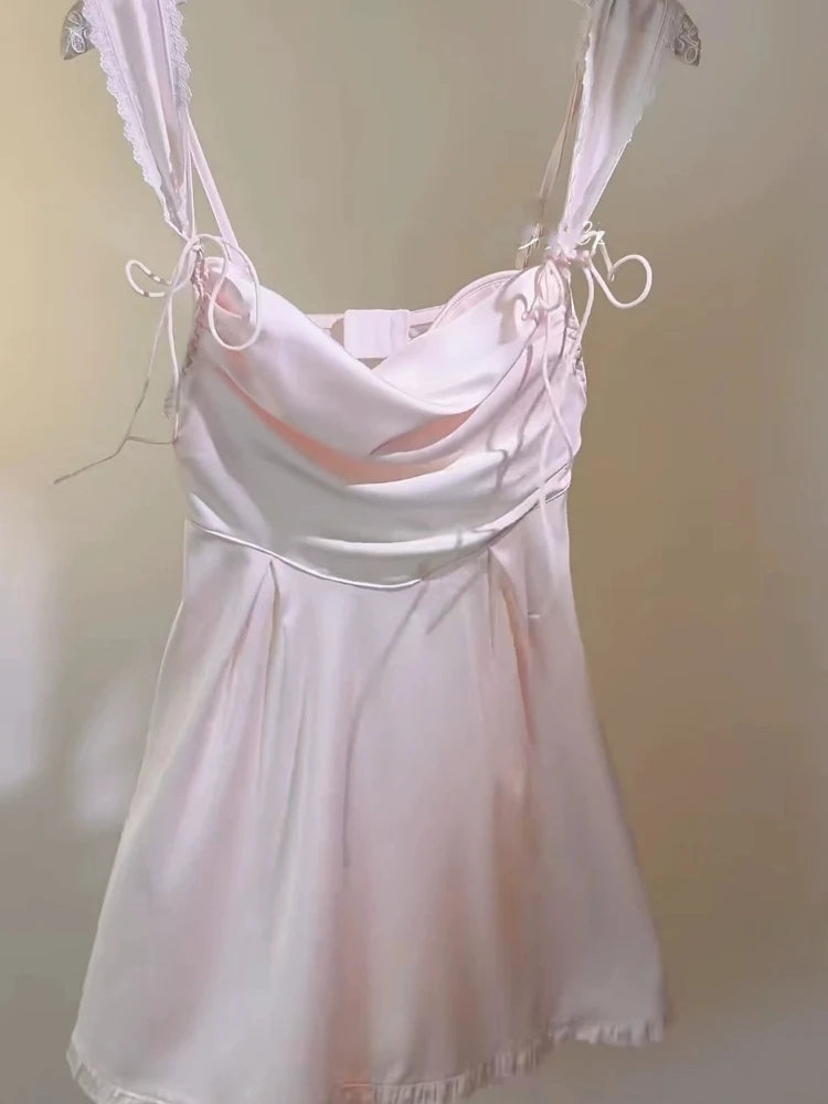 LIZAKOSHT  -  French Nightwear Lace Backless Nightdress Ice Silk Sexy Lingerie Suspender Pajamas Women's Loungewear Nightgowns with Chest Pad