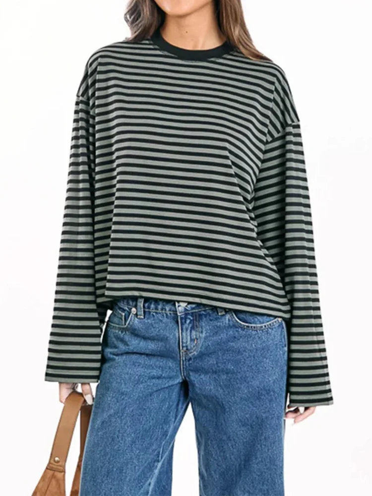 LIZAKOSHT  -  Elegant Striped Tops For Women O-neck Full Sleeve Loose Shirts 2025 Summer Fashion Female Daily Casual Oversize Outerwear