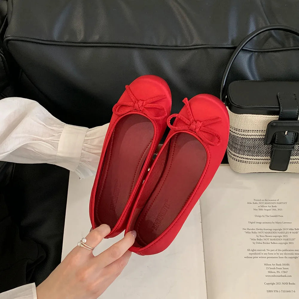 LIZAKOSHT  -  Brand New Women's Flats Ballet Shoes Sweet Round Toe Satin bow Soft Sole Daily Life Easy to Slip On Shoes for Office Lady
