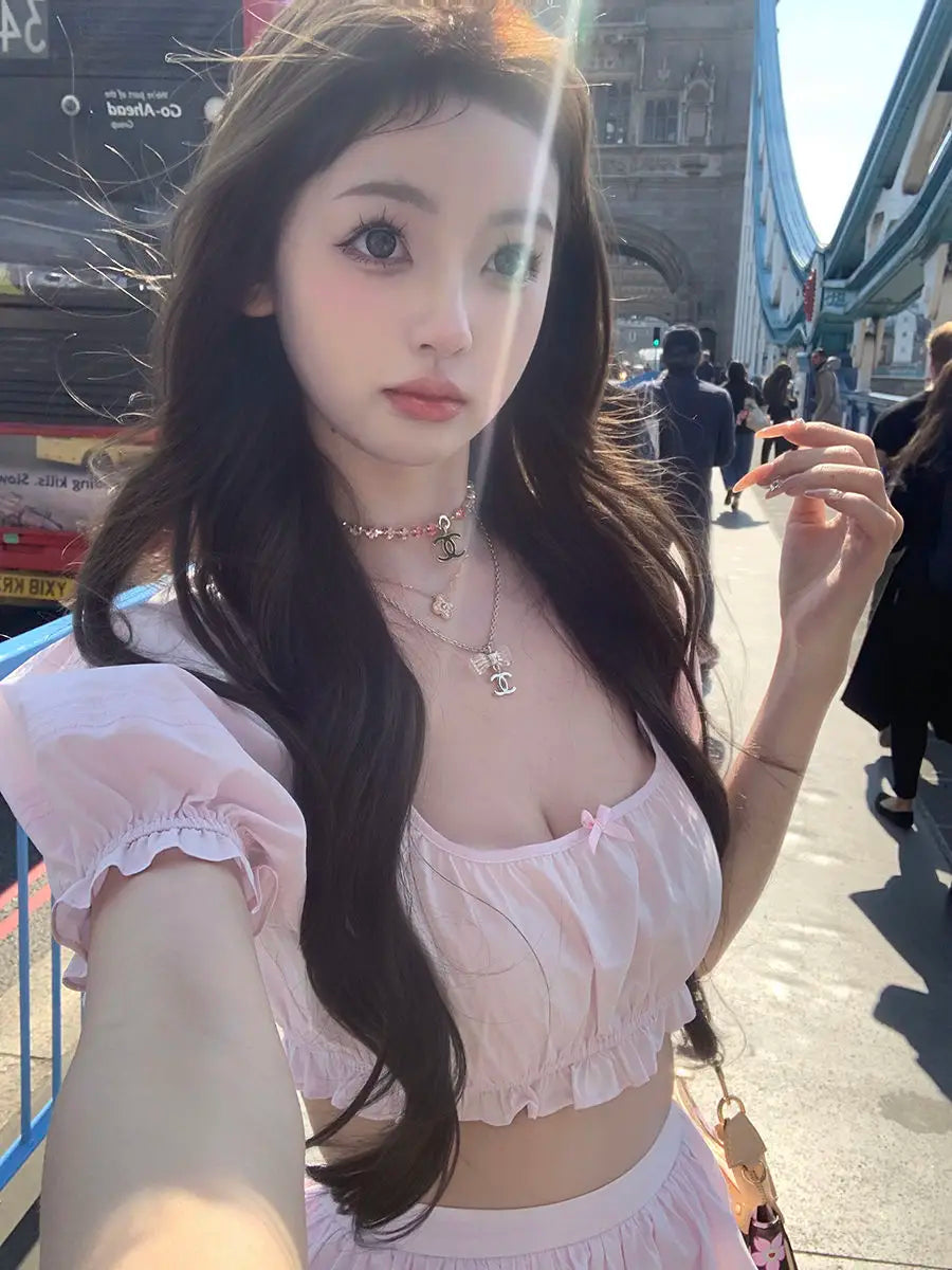 LIZAKOSHT  -  Cute Set Women's Summer Short-sleeved Square Collar Top High Waist A-line Skirt Two-piece Set Fashion Female Clothes