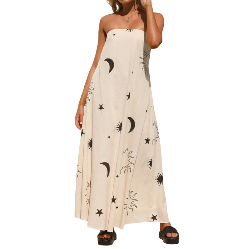 LIZAKOSHT  -  Women Graphic Strapless Long Tube Dress Vintage Off Shoulder Backless Maxi Dress Flowy Summer Holiday Beach A-line Dress