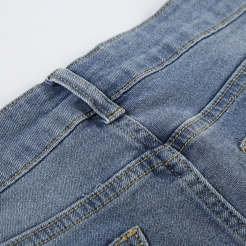 LIZAKOSHT  -  Rhinestone Detail Fashion Frayed Jeans Shorts Y2K Vintage Blue Summer Casual Stylish Women Denim Shorts Streetwear