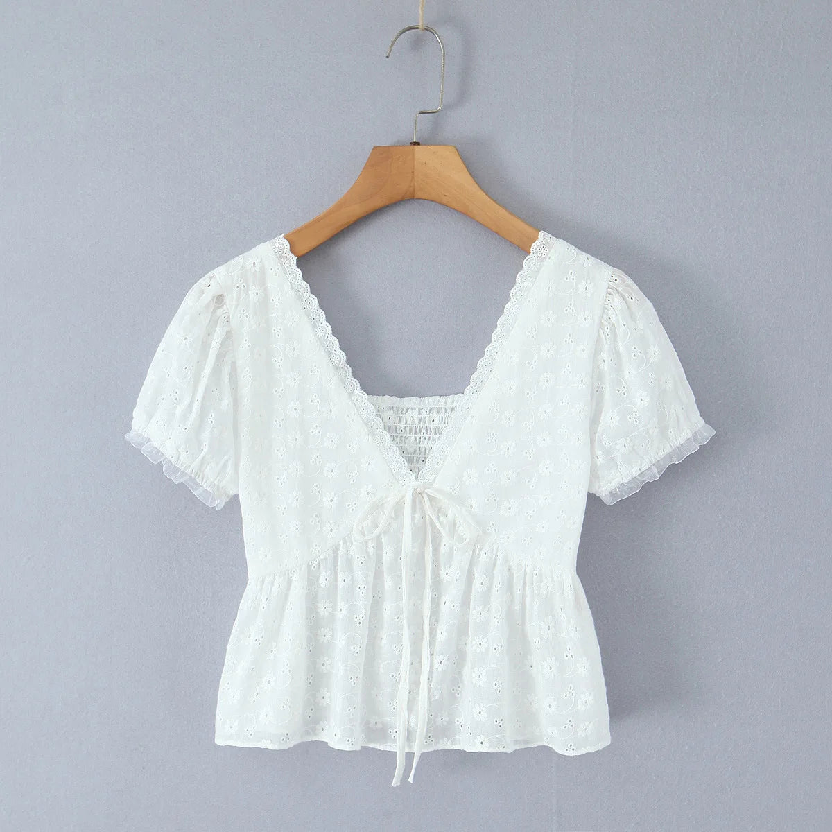 LIZAKOSHT  -  White Embroidery Hollow Out Hole Splice Lace V neck Short Puff Sleeve Shirt Women Center Button Elastic Back Slim Crop Tops