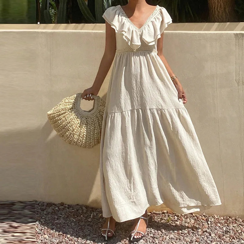 LIZAKOSHT  -  Fashion Double V-neck Solid Color Dress Elegant High Waist Hollow Out Party Dress Summer New Bohemian Style Beach Vacation Dress