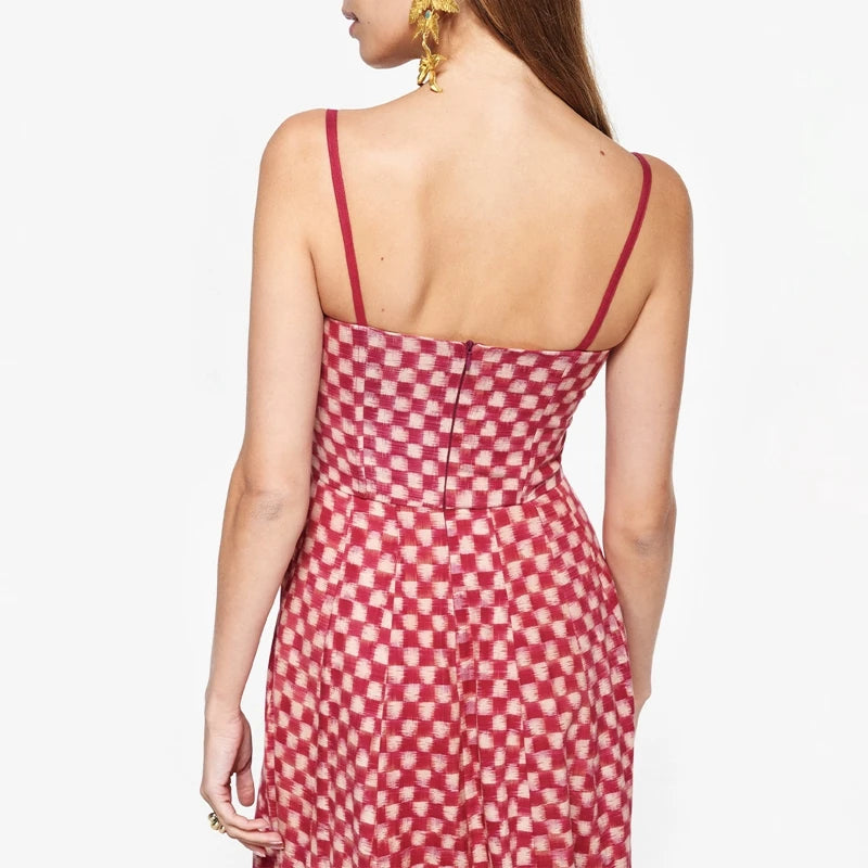 LIZAKOSHT  -  Boho Beach Vintage Plaid A-line Dress Checkerboard Print Ruffles Trim Flowy Dress Women Spaghetti Strap Maxi Dress