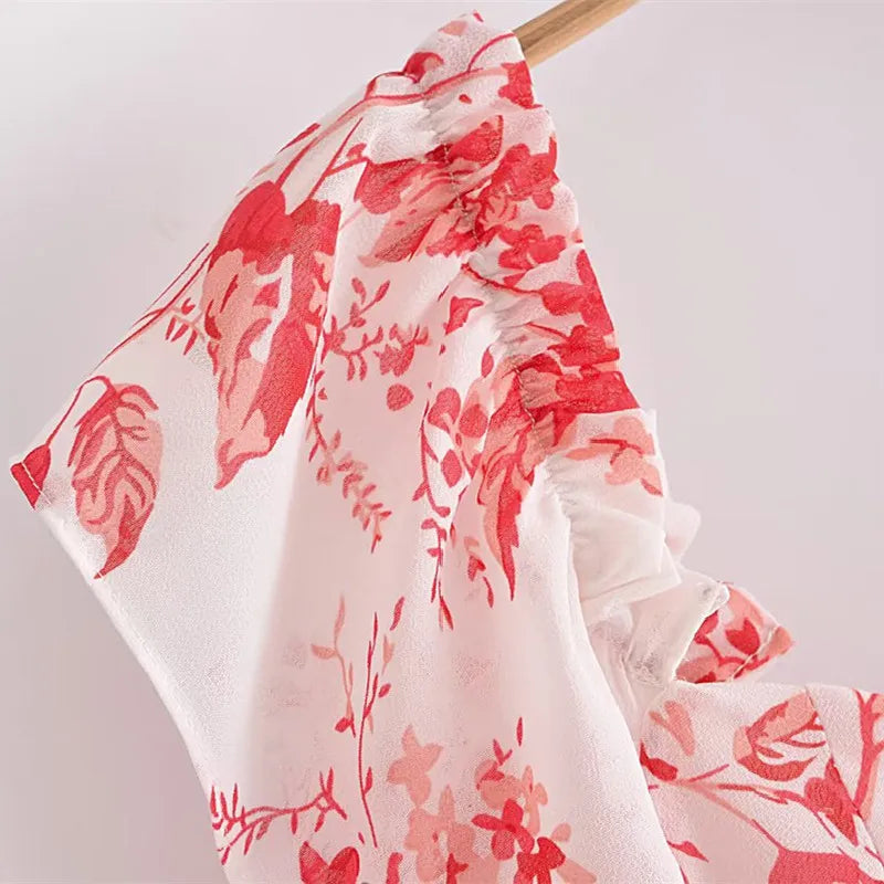 LIZAKOSHT  -  Women Flower Print Slash Shoulder Midi Chiffon Dress Spliced Ruffles Hem Short Sleeve Robe Holiday Retro French Style