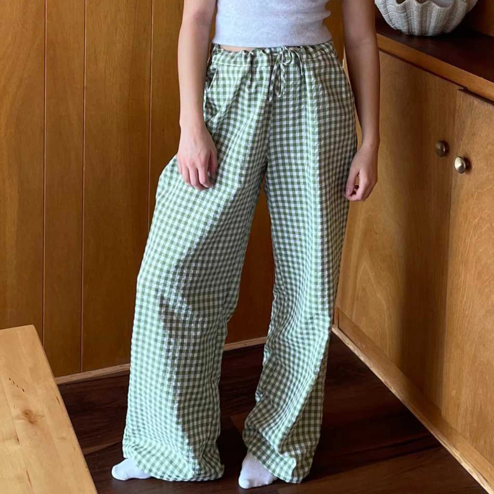 LIZAKOSHT  -  Y2K Vintage Women Girls Striped Plaid Pants Wide Leg Gingham Lounge Pants High Waist Striped Print Pajama Trousers Pants