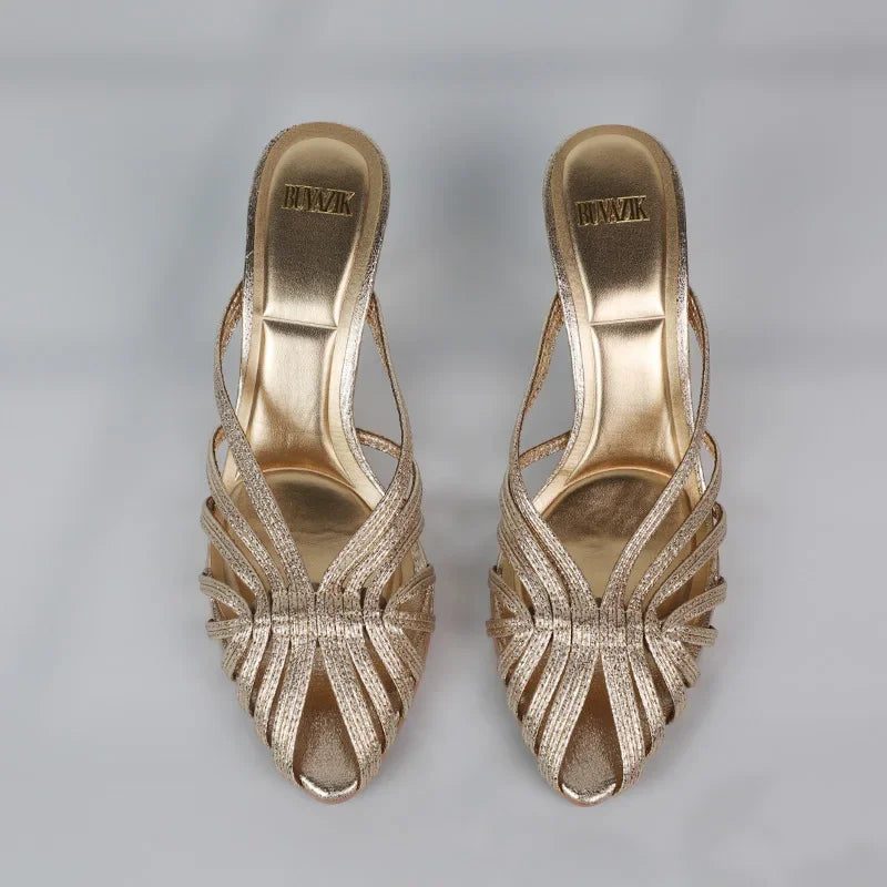 LIZAKOSHT  -  Summer Hollowed Out High Heels Mules Shoes for Women Luxury Golden Cross Woven Design Formal Party Brand Ladies Modern Sandals