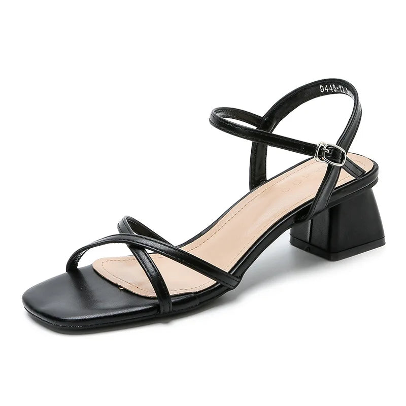 LIZAKOSHT  -  cross band high heels sandals women thick heel summer shoes solid color ankle strap gladiator sandalias de tacón