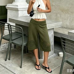 LIZAKOSHT  -  Women Y2k Drawstring Waist Knit Culottes Shorts Hollow Out Eyelet Floral Loose Wide Leg Mid Calf Capri Pants Loungewear Bottoms