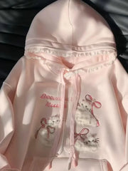 LIZAKOSHT  -  Cute Cartoon Bow Hoodies Women Loose Sweet Lace Patchwork Kawaii Sweatshirts Preppy Style Spring Long Sleeve Pink Tops New