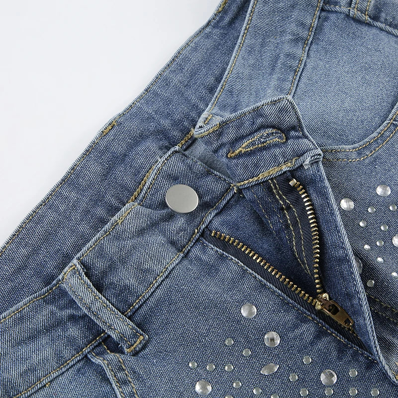 LIZAKOSHT  -  Rhinestone Detail Fashion Frayed Jeans Shorts Y2K Vintage Blue Summer Casual Stylish Women Denim Shorts Streetwear