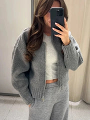 LIZAKOSHT  -  Fashion Gray Zipper Knitted Sweater For Women 2024 Spring Autumn Long Sleeve Knit Bomber Jacket Female Street Warm Lady Chic Top