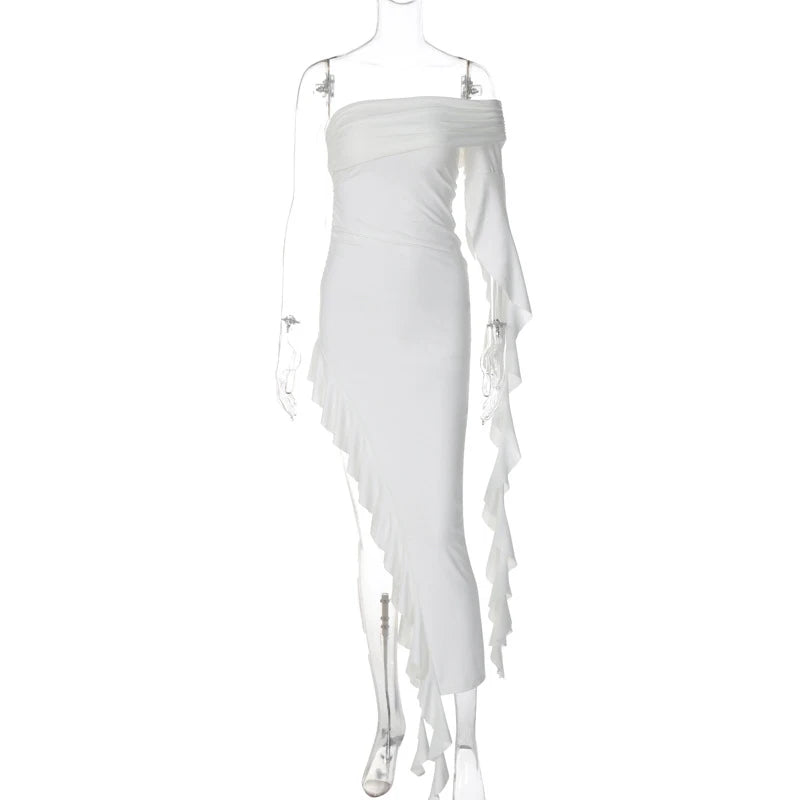 LIZAKOSHT  -  Summer Newly Irregular Ruffle Fringe Party Off Shoulder Dress Elegant One Sleeve Slim Hip Package Lady Split Vacation Robes