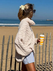 Lizakosht Elegant Knit Cable Thick Women Zipper Pullover Lapel Long Sleeve Loose Oversized Warm Casual Sweater Autumn Winter Chic Jumpers