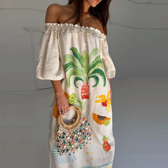 LIZAKOSHT  -  Fruit Printed Loose Vacation Long Dress Leisure Slash Collar Half Sleeve Pocket Dress Summer New High Waist Pleat Linen Dresses