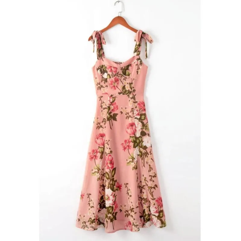 LIZAKOSHT  -  Women Tie Bow Strap Sleeveless Sexy Beach Robe Holiday Retro French Pink Flower Print V neck Corset Chest Style Midi Sling Dress