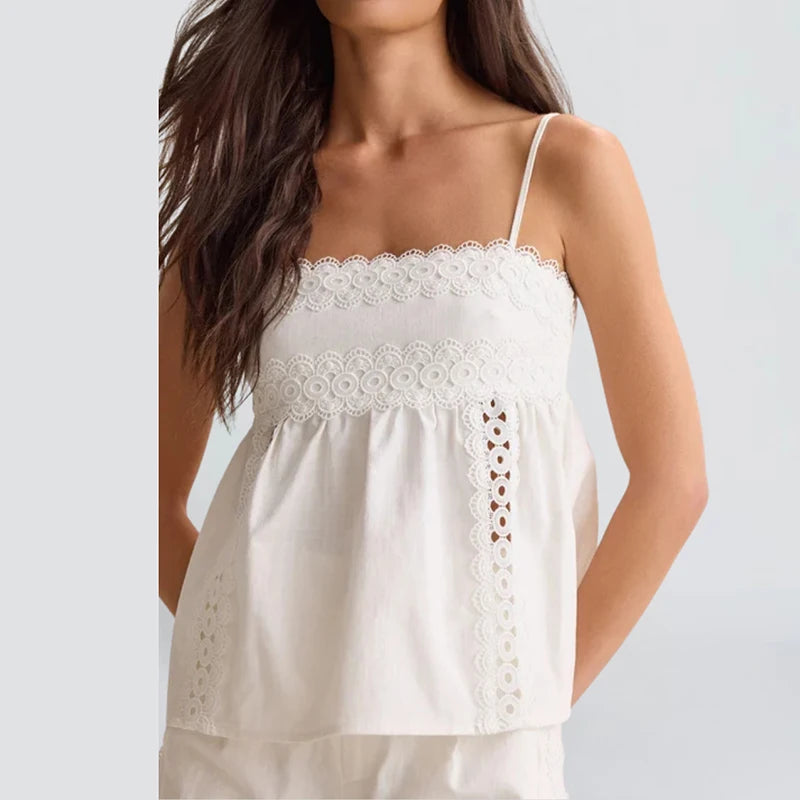 LIZAKOSHT  -  Casual Sleeveless Lace Embroidered Solid Outfits Women Elegant Sleeveless Hollow Sets Sexy Off Shoulder Sling Top & Short Suits
