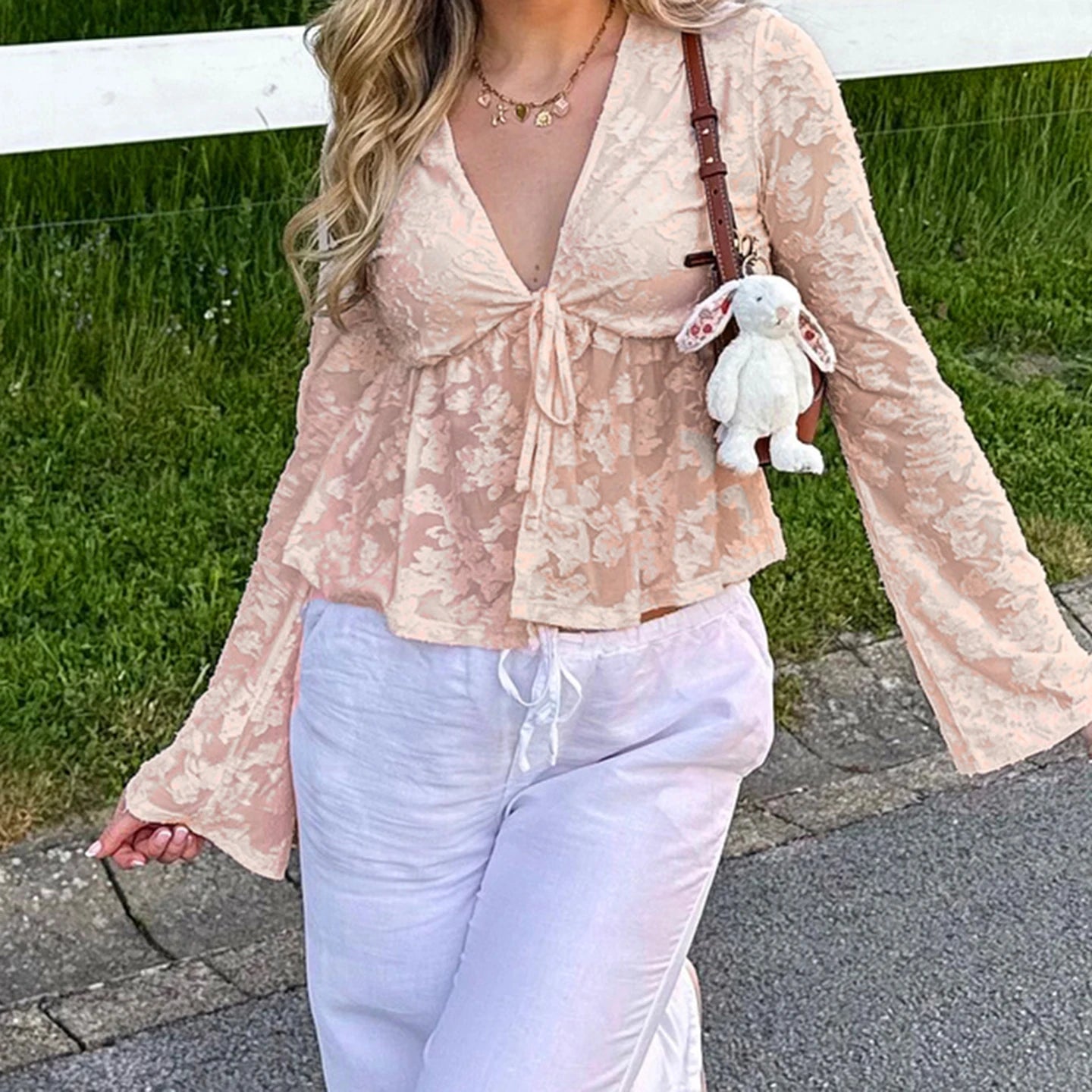 LIZAKOSHT  -  Pink Sweet Cute V-Neck Bow Tie T-Shirt Casual Lace Long-Sleeve Top Autumn Clothing For Women Chic Streetwear Outfits