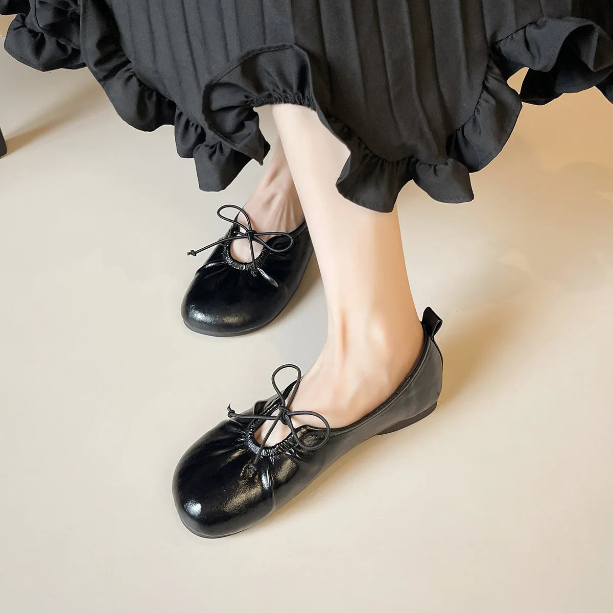 LIZAKOSHT  -  casual design soft leather flats women cutout bowtie mocasines female cross-tied cozy loafers pleated leather mules big size 43
