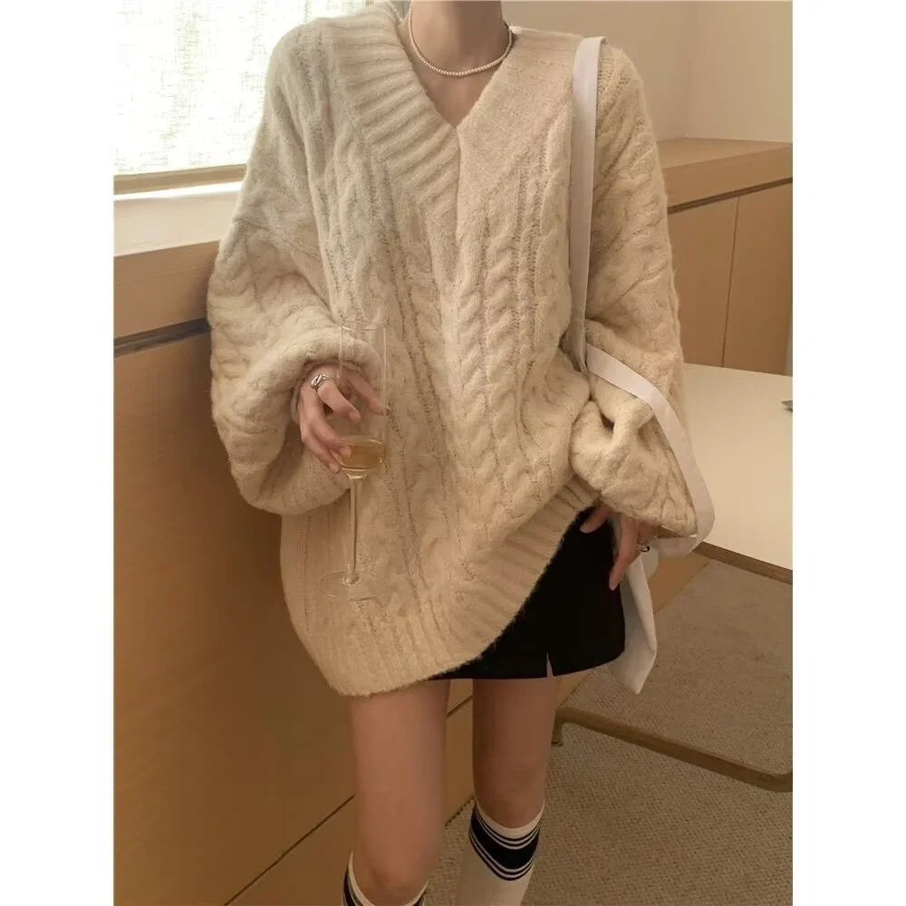  LIZAKOSHT  -  Korean Style V Neck Pullovers Sweater Women Spring Autumn Winter Ladies Knitted Elegant Party Pullover Long Sleeve Clothing Top