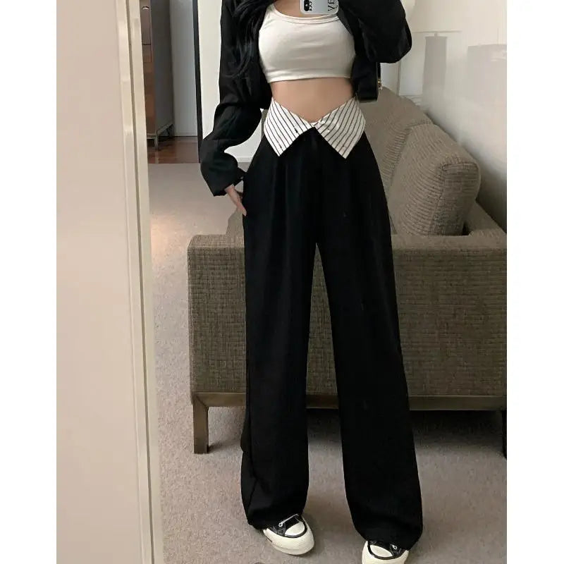 LIZAKOSHT  -  Autumn Trend High-waisted Hong Kong Style Slim Fit Wide-leg Suit Pants for Women Ins Unique Niche Casual Floor-length Pants