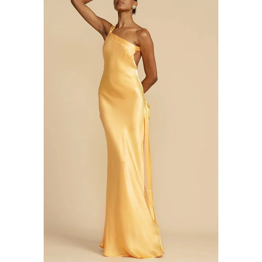 LIZAKOSHT  -  Spring Summer New Party Slant Shoulder Slimming Dress  Casual Fashion Color Dress