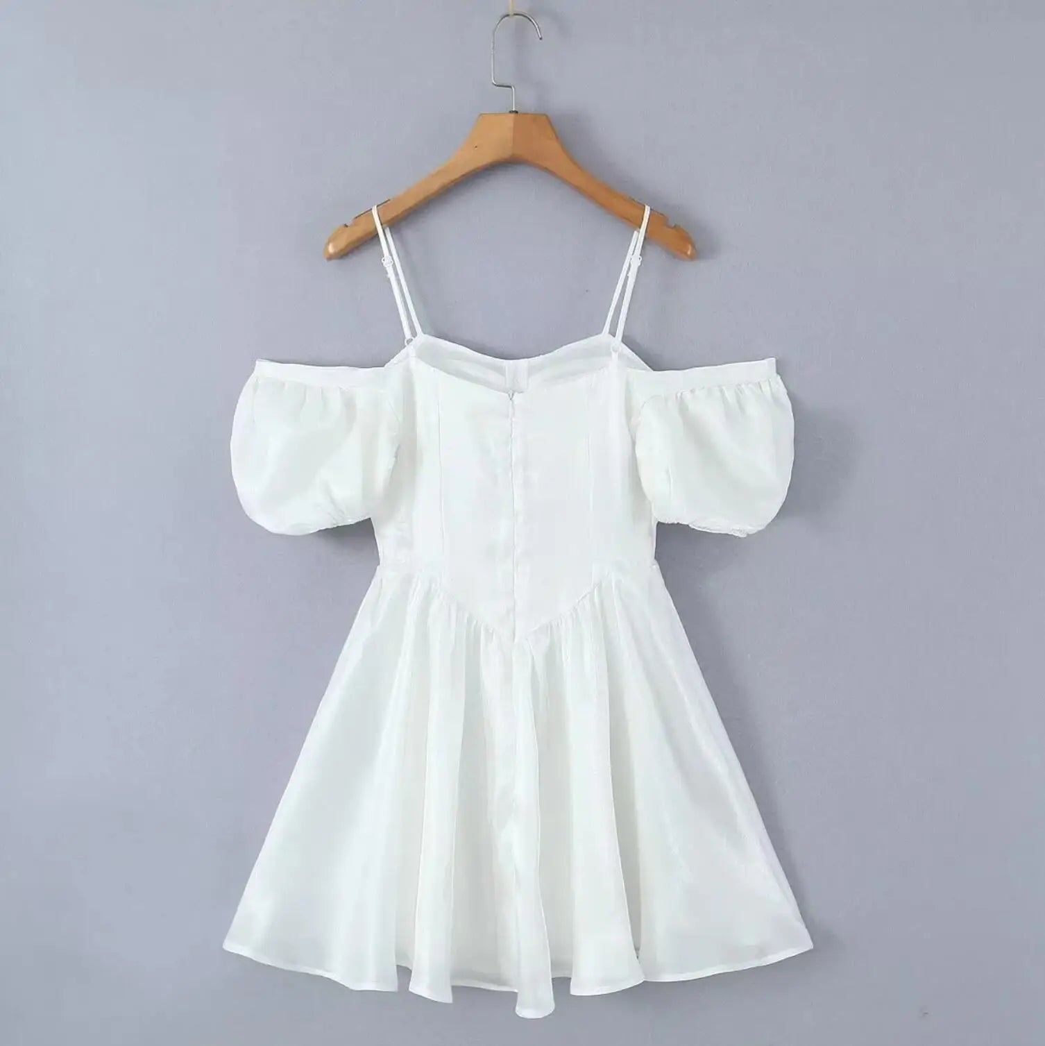 LIZAKOSHT  -  Women Puff Sleeve Slim Waist Ruffle Hem Cake Mini Party Robe Princess White Bright Rayon Bra Chest Corset Style Mini Dress