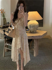 LIZAKOSHT  -  Spring and Summer Sweet Flying Sleeve Floral Halter Dress Female Design Sense Holiday Wind Fairy Print Long Dress