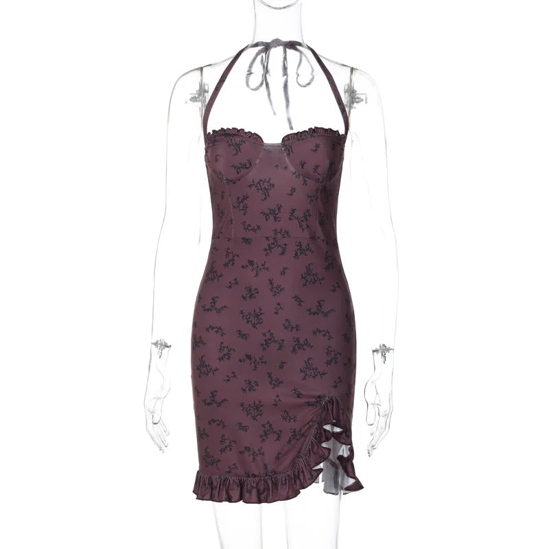 LIZAKOSHT  -  Sexy Halter Y2K Party Club Birthday Bodycon Mini Ruffles Dress Outfits for Women Summer Bandage Backless Strapless Split Dresses