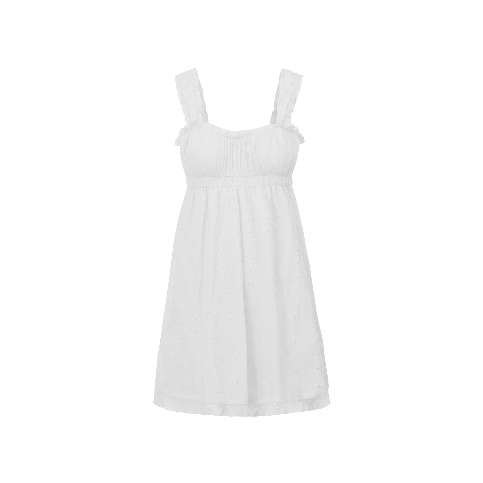 LIZAKOSHT  -  Ruffles Hem Babydoll A-line Dress Vintage Eyelet Mini Dress Women Sleeveless Square Neck Ruched Bust Flowy Dress