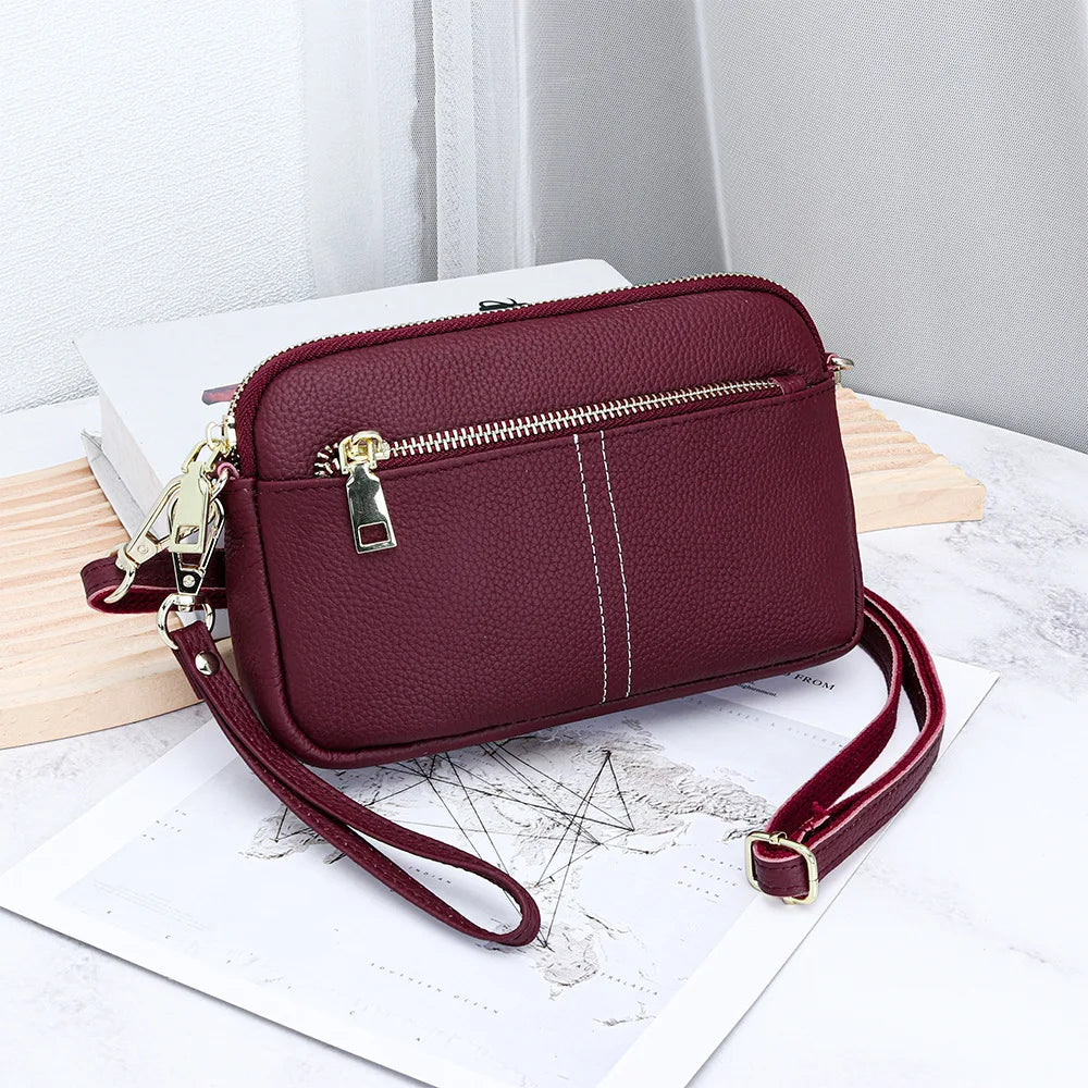 LIZAKOSHT  -  Genuine Leather women Shoulder Bag Small ladies Wristlet Bag Zip Money Coin Holder Purse Cowhide Multifunction phone wallet bols