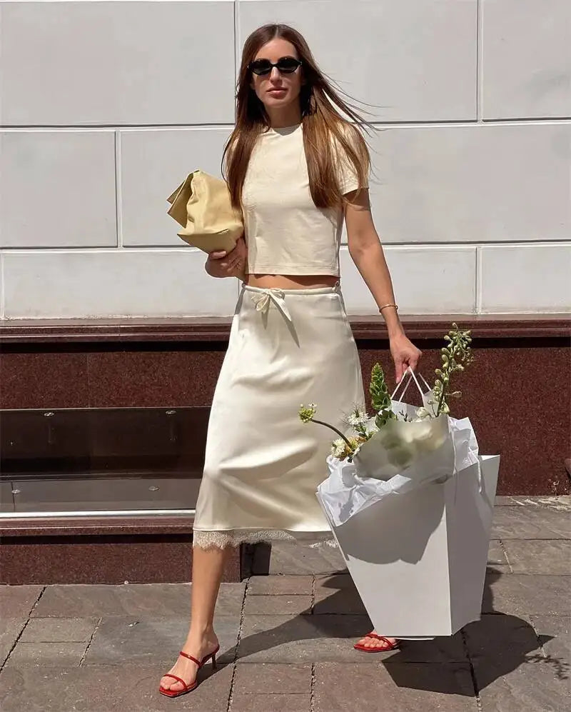 LIZAKOSHT  -  Lace Side Sexy Skirt For Women Elegant Lace-up Slim Fashion Solid Color High Waist Patchwork Female Long Skirt 2025