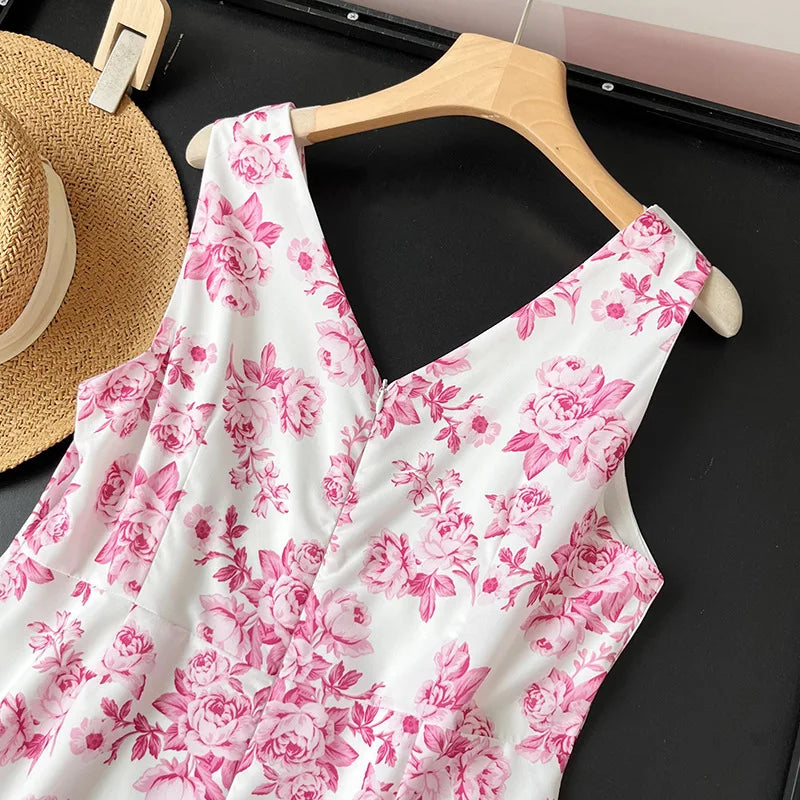 LIZAKOSHT  -  Printed Dress European and American Women's Summer Holiday Style Fashion V-neck Shoulder Strap