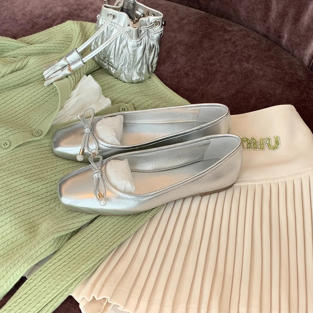 LIZAKOSHT -  Luxury Glitter Sequins Bowtie Ballets Shoes Ladies Square Toe Silver Flats Woman Slip On Moccasins Female Soft Soled Ballerinas