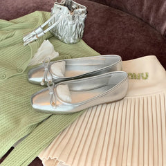 LIZAKOSHT -  Luxury Glitter Sequins Bowtie Ballets Shoes Ladies Square Toe Silver Flats Woman Slip On Moccasins Female Soft Soled Ballerinas